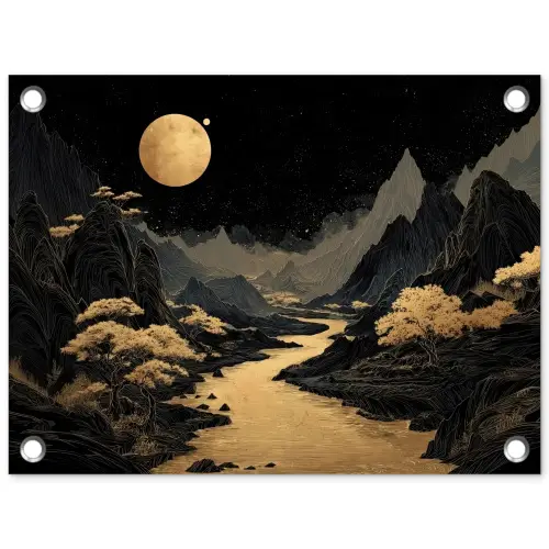 Gouden rivier - Bergen - Maan - Sterrenhemel tuinposter los doek klein -3d