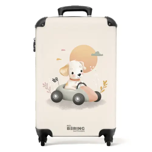 Puppy in een raceauto in beige kleuren NBS - Handbagage koffer - Volwassenen Unisex middel -productfoto_recht