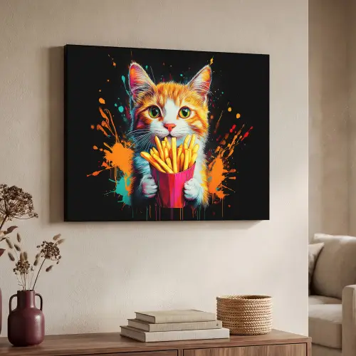 Kat - Eten - Patat - Graffiti - Abstract Textielframe zwart klein -sfeer3
