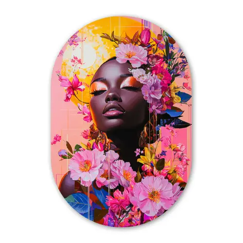 Kleurrijk - Bloemen - Vrouw - Zon Wandcirkel Ovaal Glas middel -3d