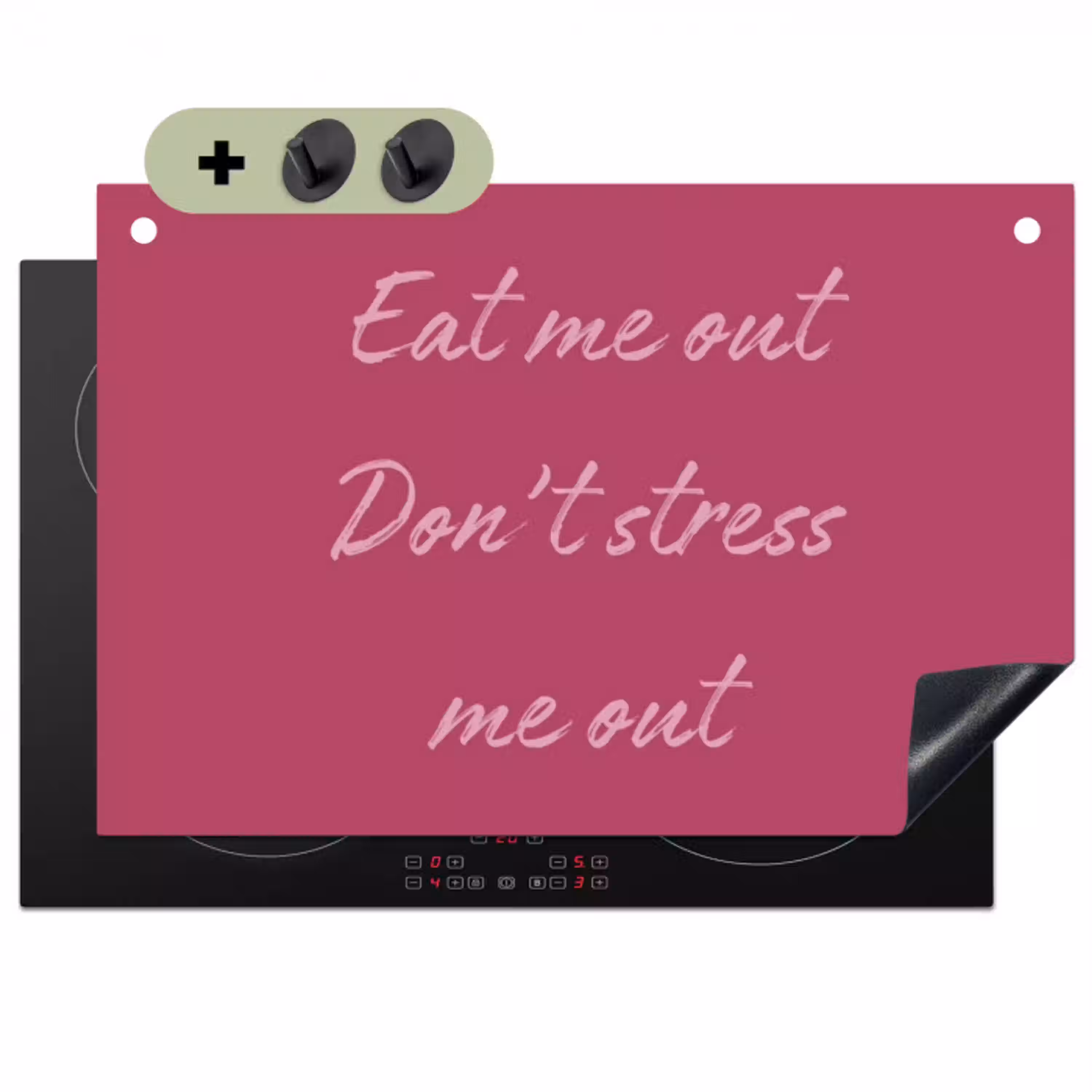 eat me out don't stress me out - Roze - Minimalistisch Inductie beschemer met haakjes klein -3d