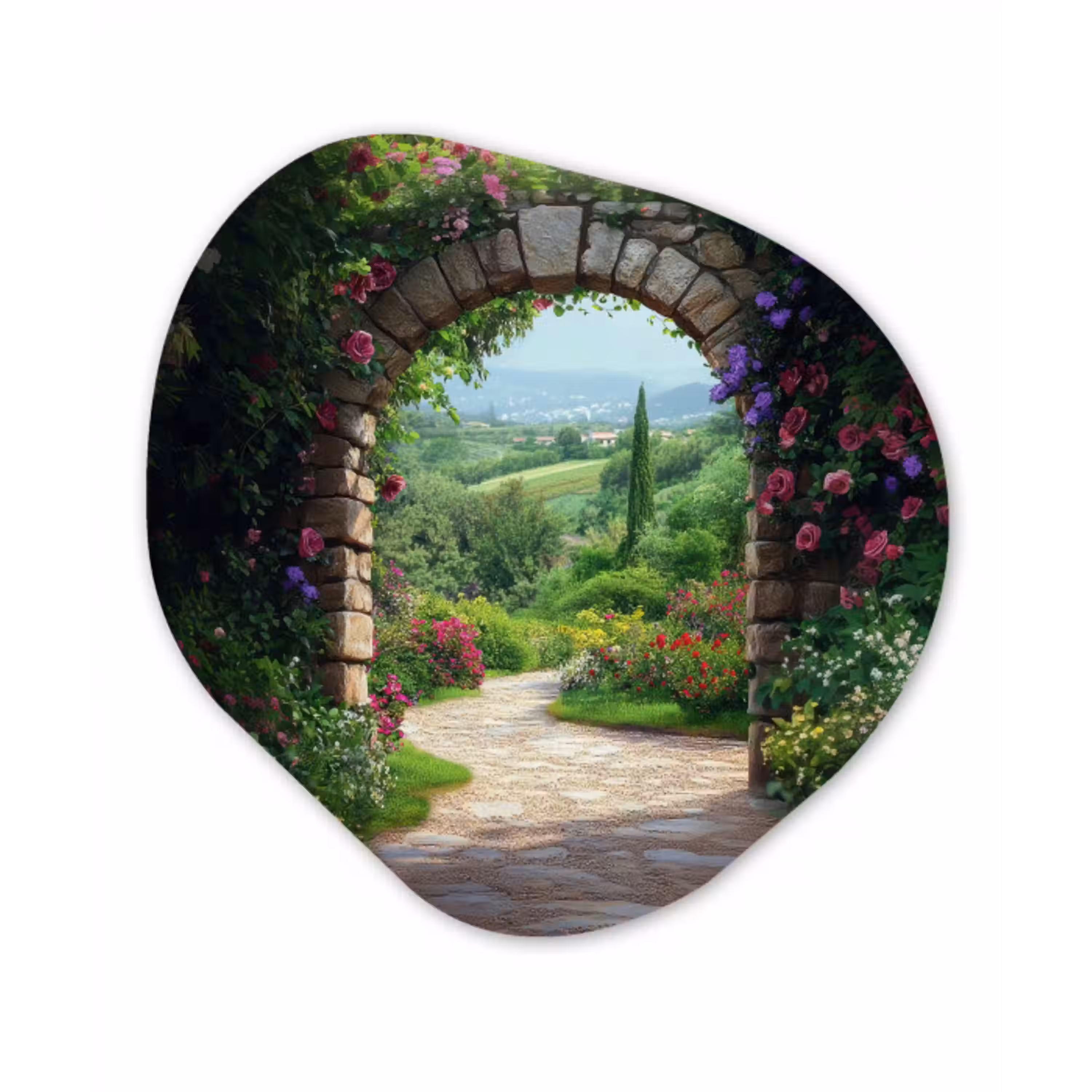 Doorkijk - Landschap - Bloemen - Pad - Uitzicht Wandcirkel Organisch Aluminium middel -3d
