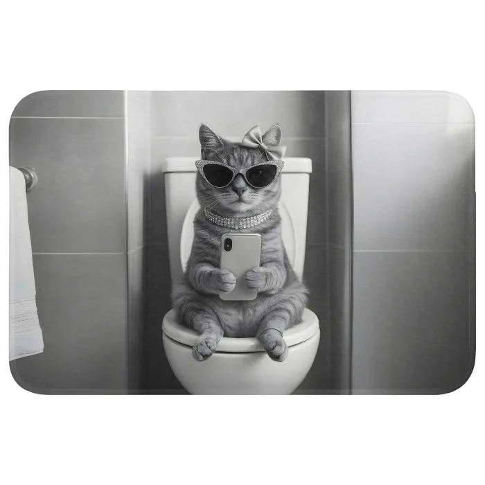 Kat - Telefoon - Toilet - Zwart - Wit Badmat klein -3d