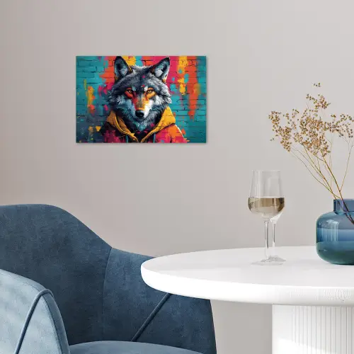 Graffiti - Wolf - Street art - Blauw poster papier klein -sfeer3