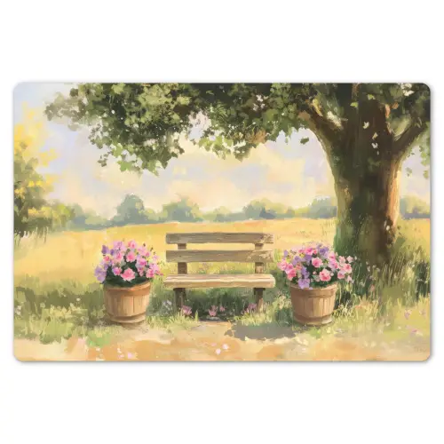 Houten bankje - Bloempotten - Landschap Placemat vinyl groot -zzsfeer1_Kitchenyeah-website