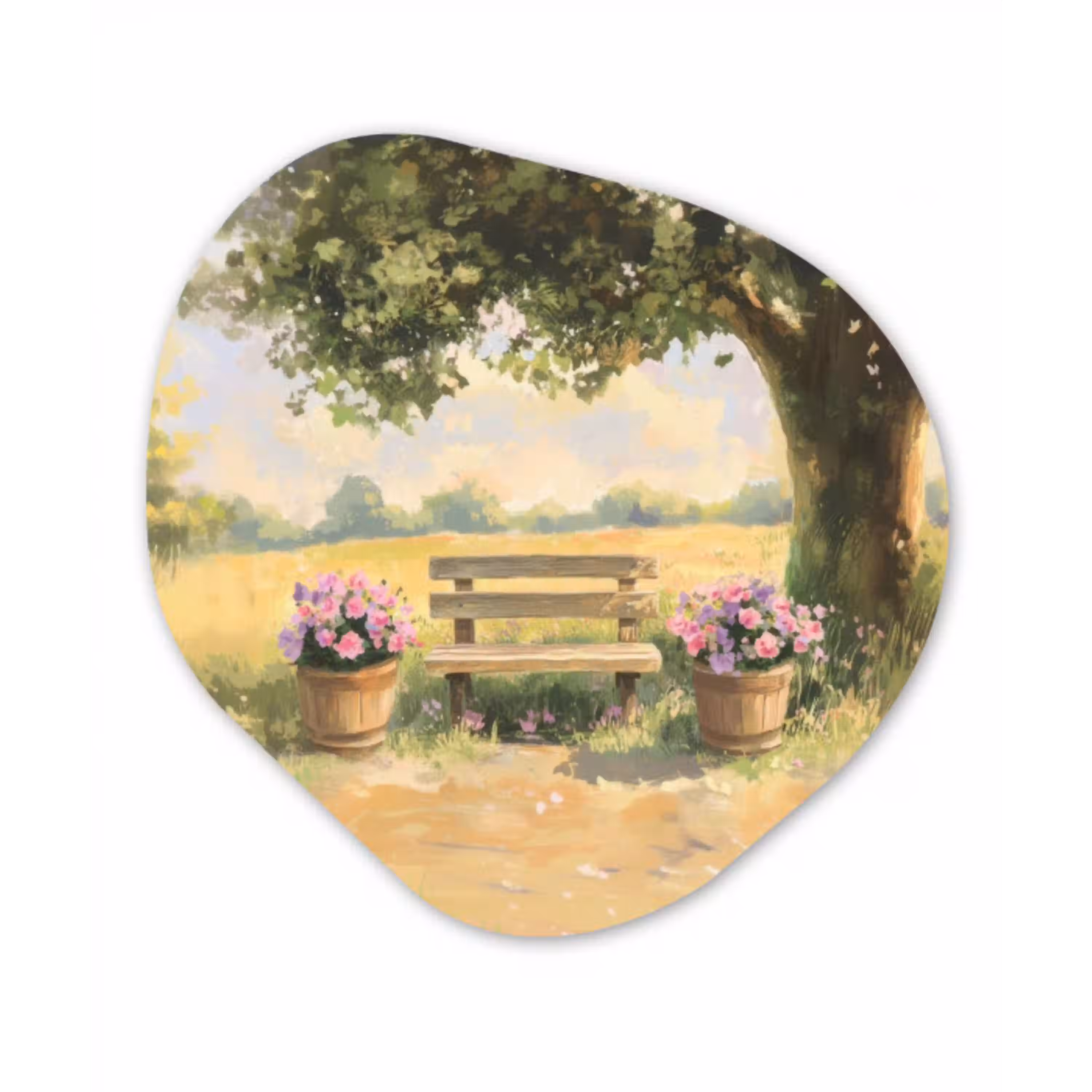 Houten bankje - Bloempotten - Landschap Wandcirkel Organisch Aluminium middel -3d