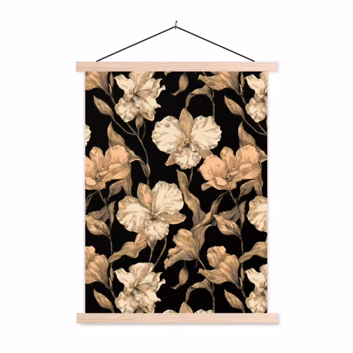 Hanging Poster - Orchids - Line drawing - Pattern - Beige - Black