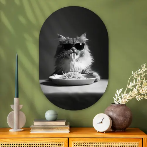 Langharige kat - Zonnebril - Spaghetti - Humor - Zwart - wit Wandcirkel Ovaal Glas middel -sfeer2