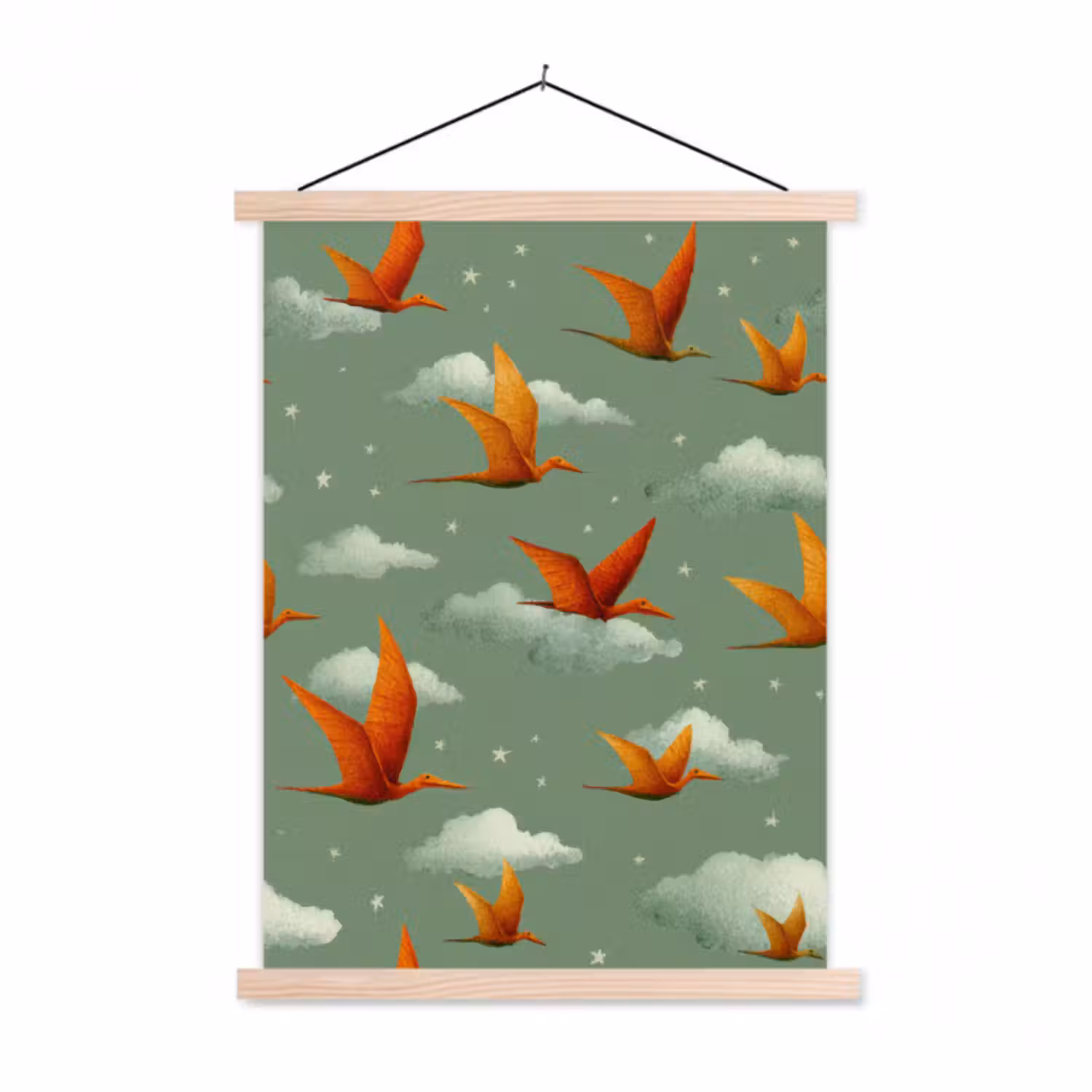 Stoffbild - Dinosaurier - Wolken - Sterne - Orange