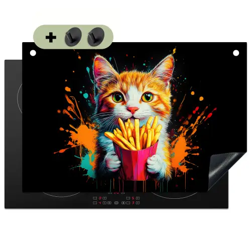 Kat - Eten - Patat - Graffiti - Abstract Inductie beschemer met haakjes klein -3d
