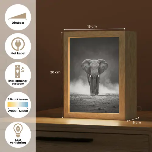 Olifant - Zwart - Wit - Rook Light Box met kabel (Tafellamp) klein -USP_NL