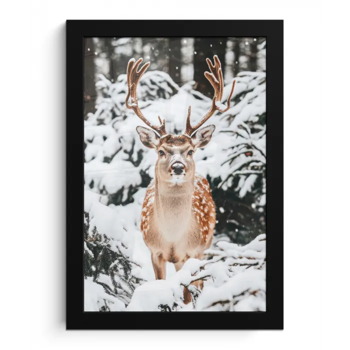 Hert - Sneeuw - Winter - Bos - Dieren fotolijst zwart zonder passe partout klein -3d