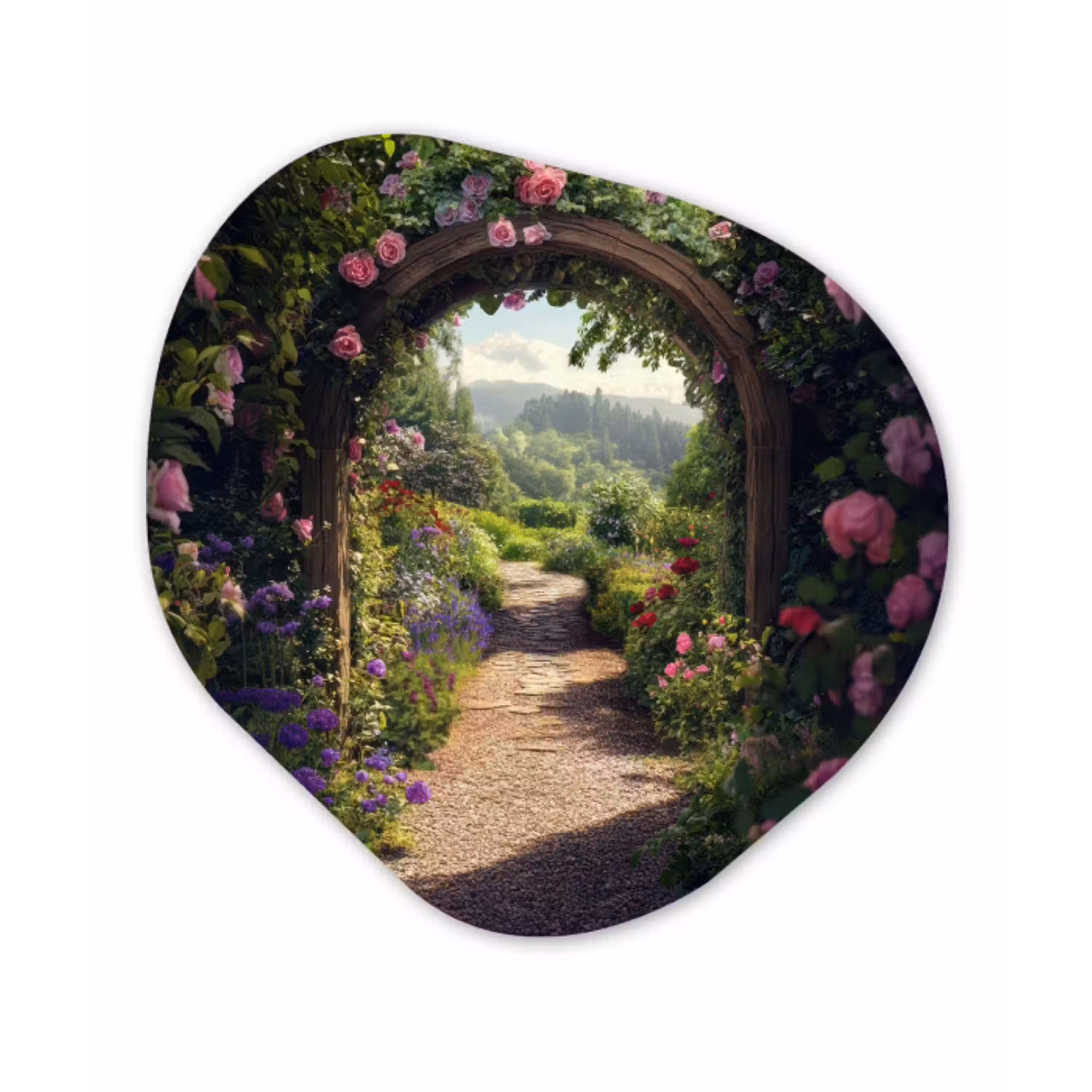 Doorkijk - Landschap - Bloemen - Rozenboog - Natuur Wandcirkel Organisch Plexiglas middel -3d