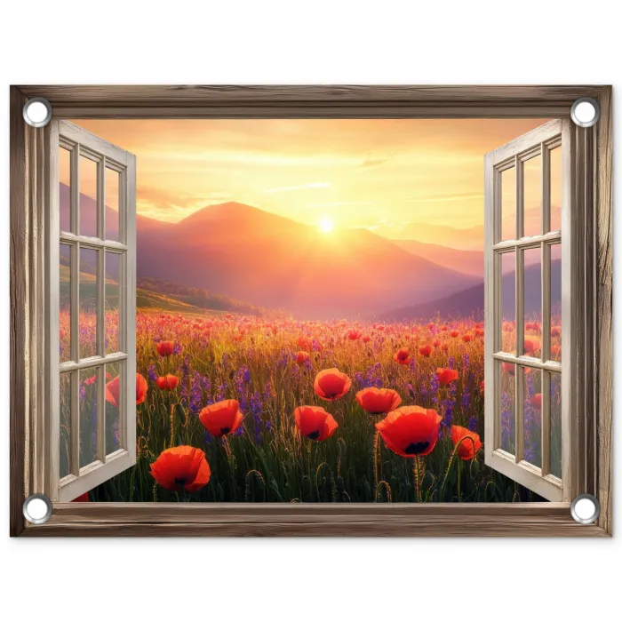 Doorkijk - Klaprozen - Bloemen - Rood - Open raam tuinposter los doek klein -3d
