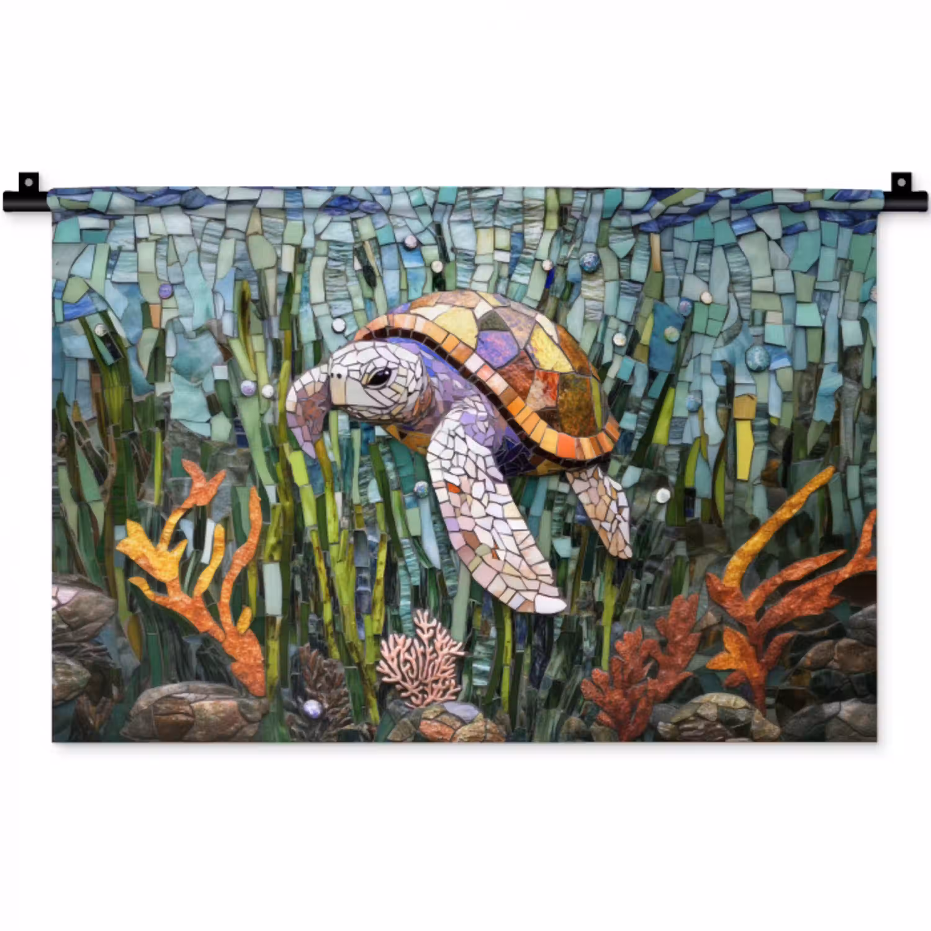 Schildpad - Zeewier - Mozaïek Wandkleed katoen klein -zz3d