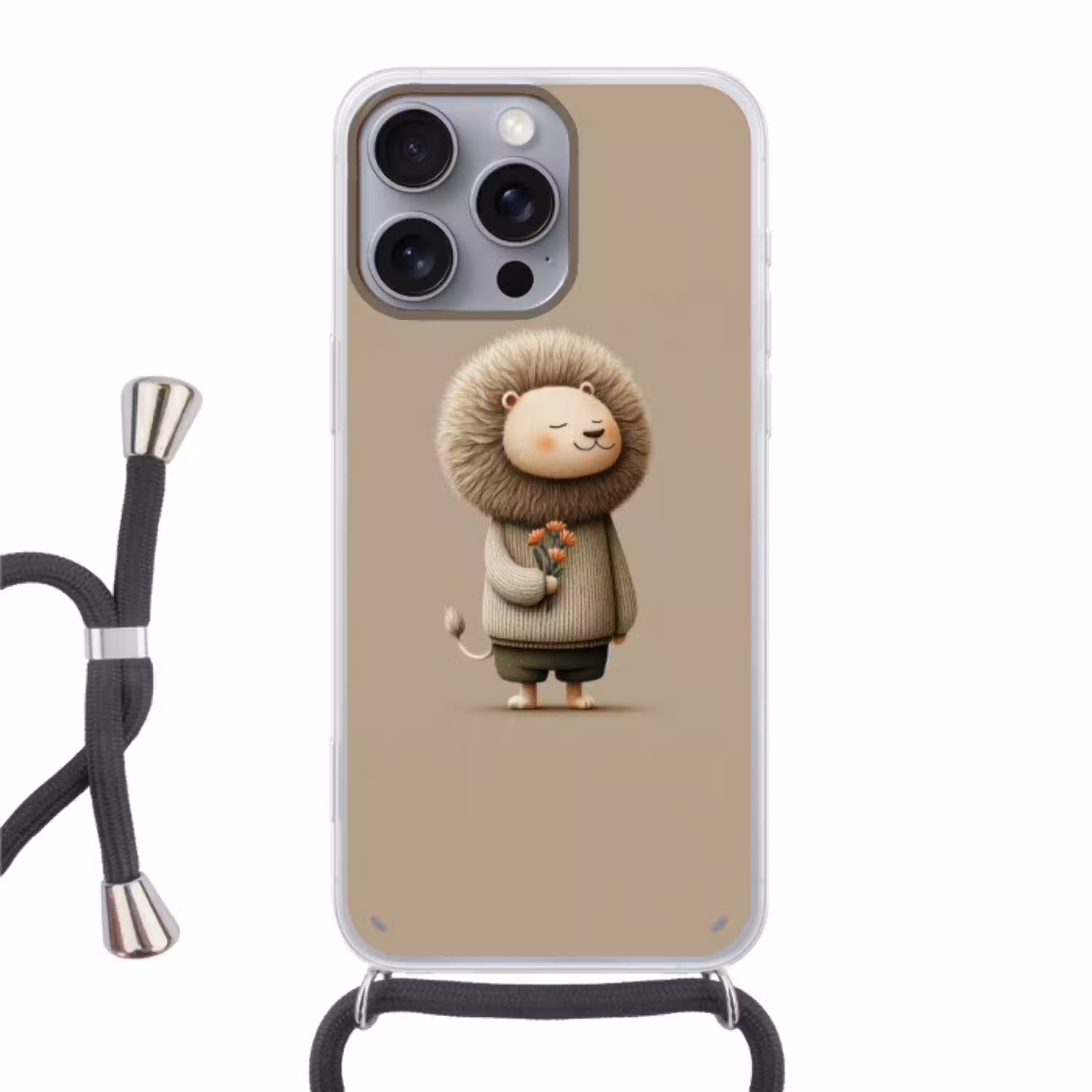 Leeuw - Oranje bloemen - Vriendelijk Hoesje iPhone 16 Pro Max met koord klein -3d