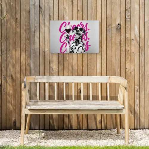 Cheers - Hond - Roze - Wijn Tuinposter op houten frame 2 cm dik klein -sfeer4