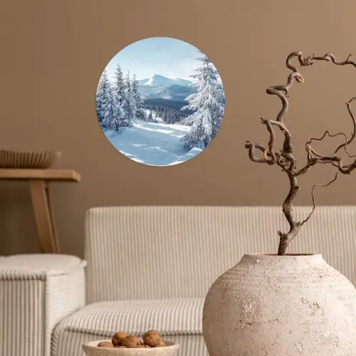 Winterlandschap - Natuur - Berg - Bomen - Sneeuw Wandcirkel behangsticker klein -sfeer1