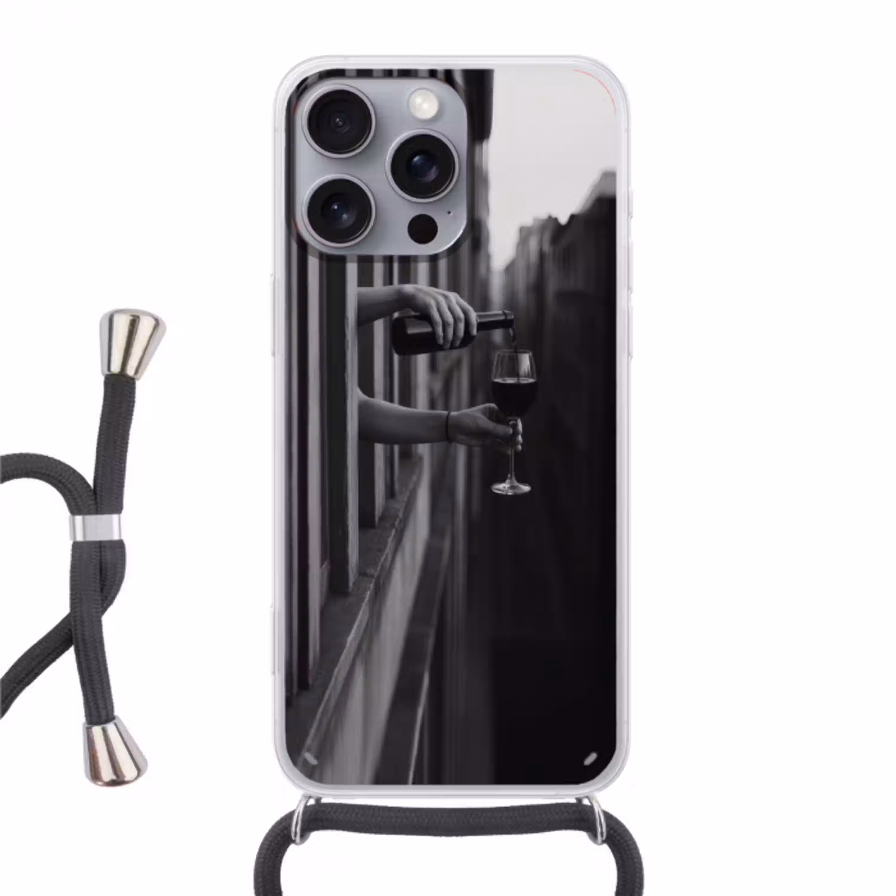 Wijnfles - Glas - Handen - Raam Hoesje iPhone 16 Pro Max met koord klein -3d