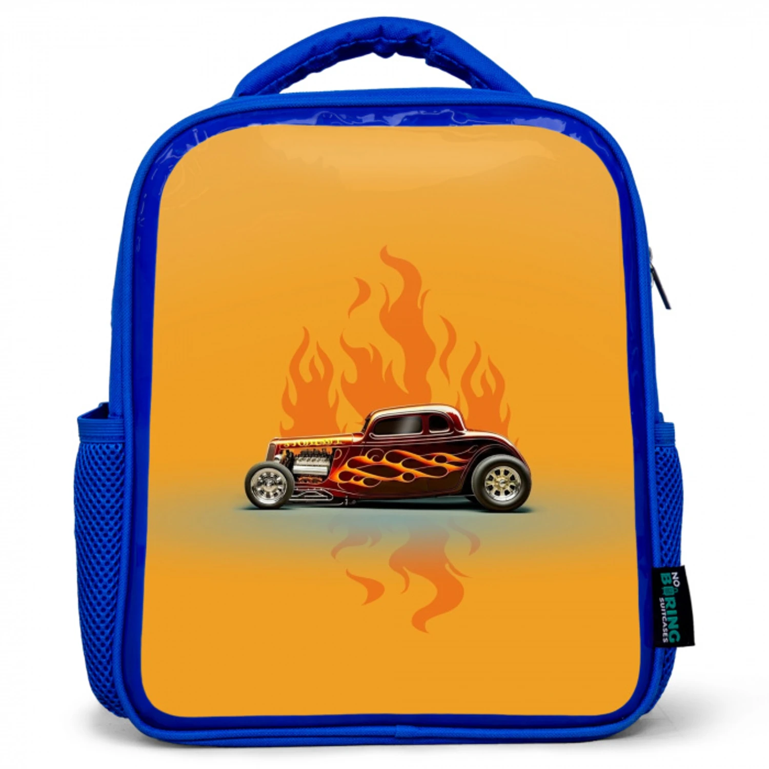 Bruine auto met gele vlammen Kinderrugzak - Blauw middel -3d