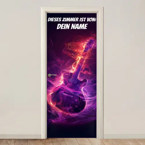 Leuchtende E-Gitarre im Neon-Stil mit personalisierbarem Namensfeld. deurposter klein -3d_beige