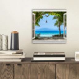 Doorkijk - Boom - Zee - Palmboom - Heuvels - Strand - Blauw aluminium wit klein -sfeer1