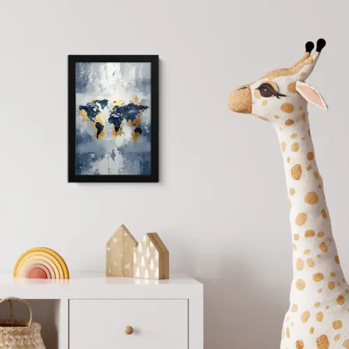 Wereldkaart - Blauw - Abstract fotolijst zwart zonder passe partout klein -usfeer4_kinderkamer