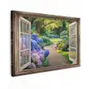 Doorkijk - Tuin - Raam - Hortensia - Bloemen Tuinposter op houten frame 2 cm dik klein -3d