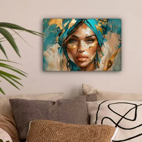 Vrouw - Portret - Goud - Luxe - Blauw canvas 2cm klein -sfeer1