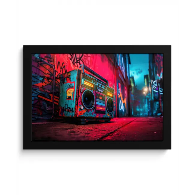 Boombox - Rood - Graffiti - Neon fotolijst zwart zonder passe partout klein -3d