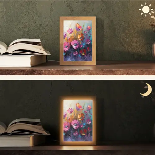 Bloemen - Paars - Kleurrijk - Handgeschilderd - Kunst Light Box met kabel (Tafellamp) klein -sfeer3