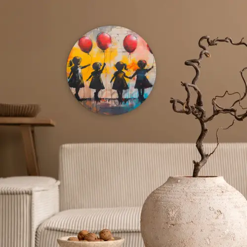 Graffiti - Kinderen - Street art - Ballon - Banksy Wandcirkel kunststof plaat 5mm dik klein -sfeer1