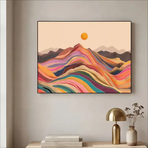 Zon - Kleurrijk landschap - Bergen Textielframe zwart klein -sfeer2