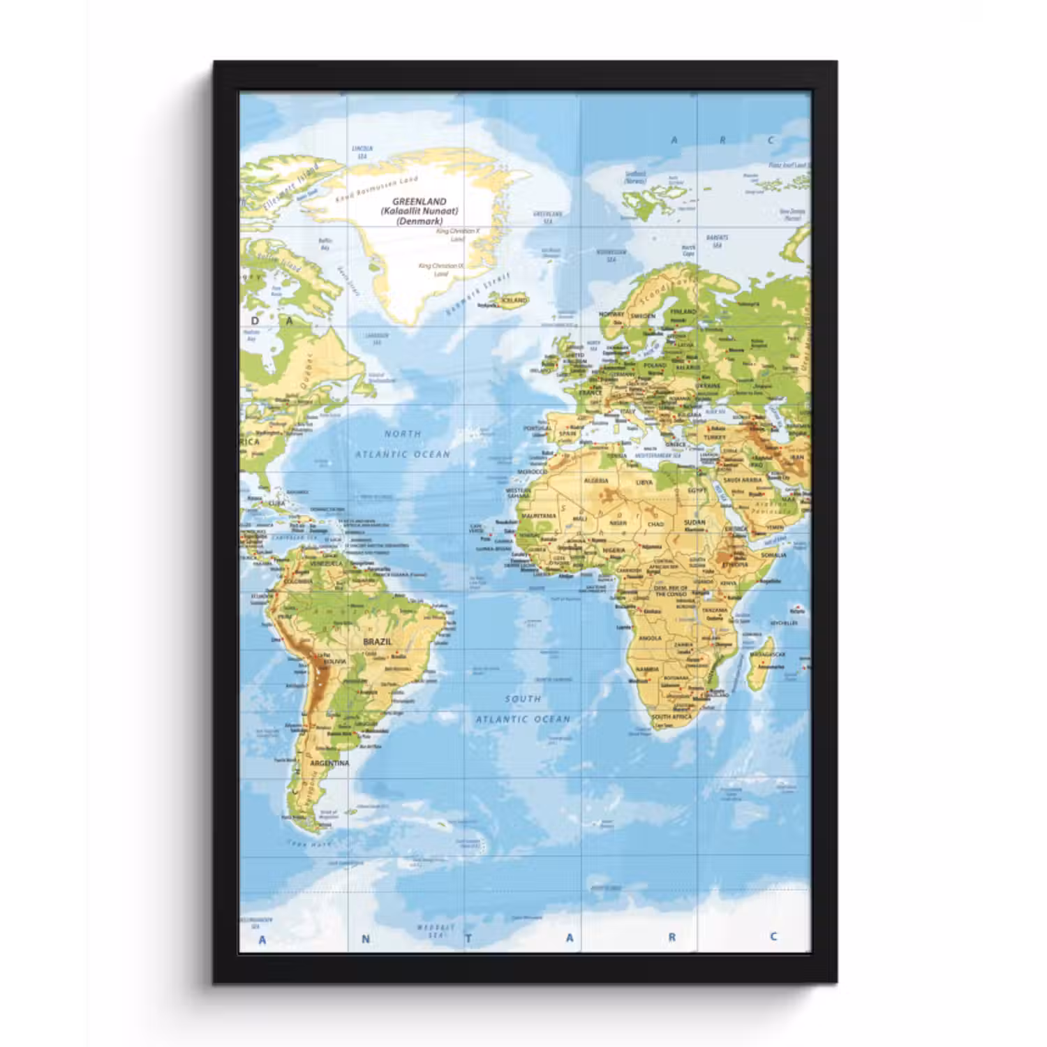 Poster met lijst - Wereldkaart - Staatkundig - Blauw - Aarde - Educatief