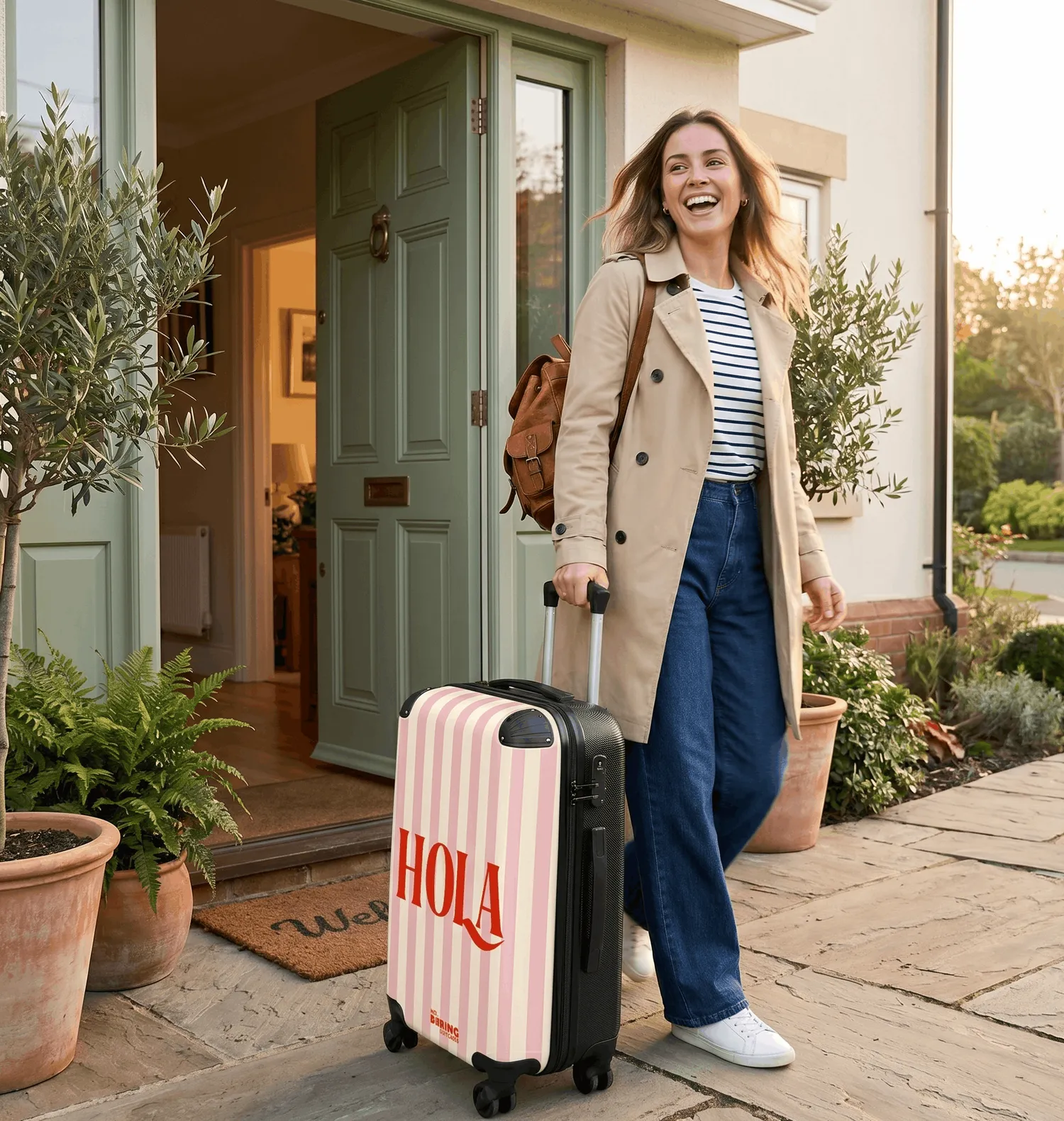 une femme qui marche dehors avec une valise