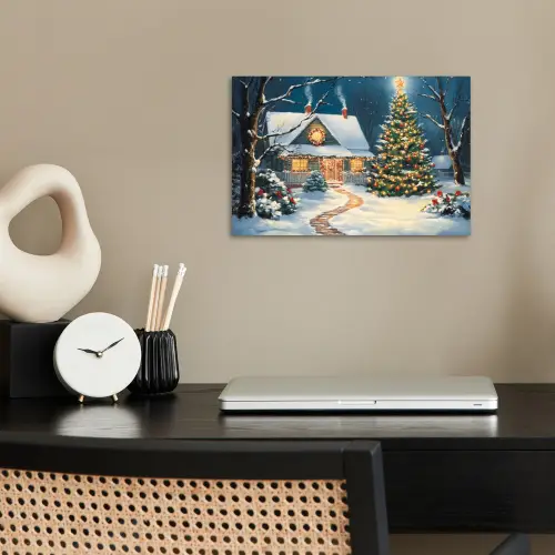 Kerst - Kerstboom - Winter - Huis - Sneeuw poster papier klein -sfeer1