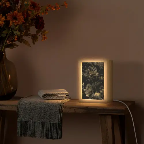 Bloemen - Zwart - Goud - Line art Light Box met kabel (Tafellamp) klein -sfeer4