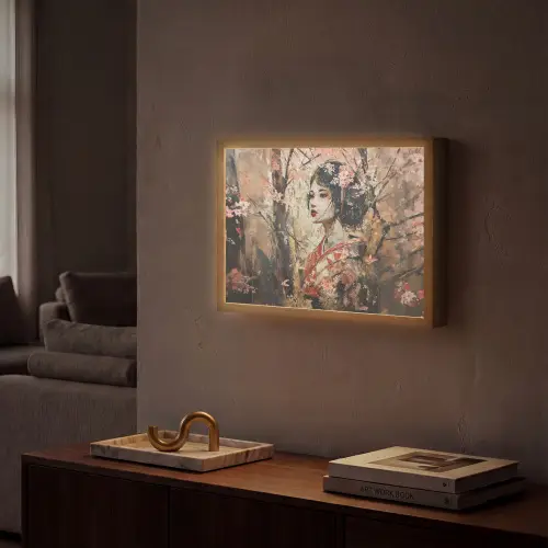 Kimono - Vrouw - kersenbomen Light Box met batterij (Wandlamp) middel -sfeer1