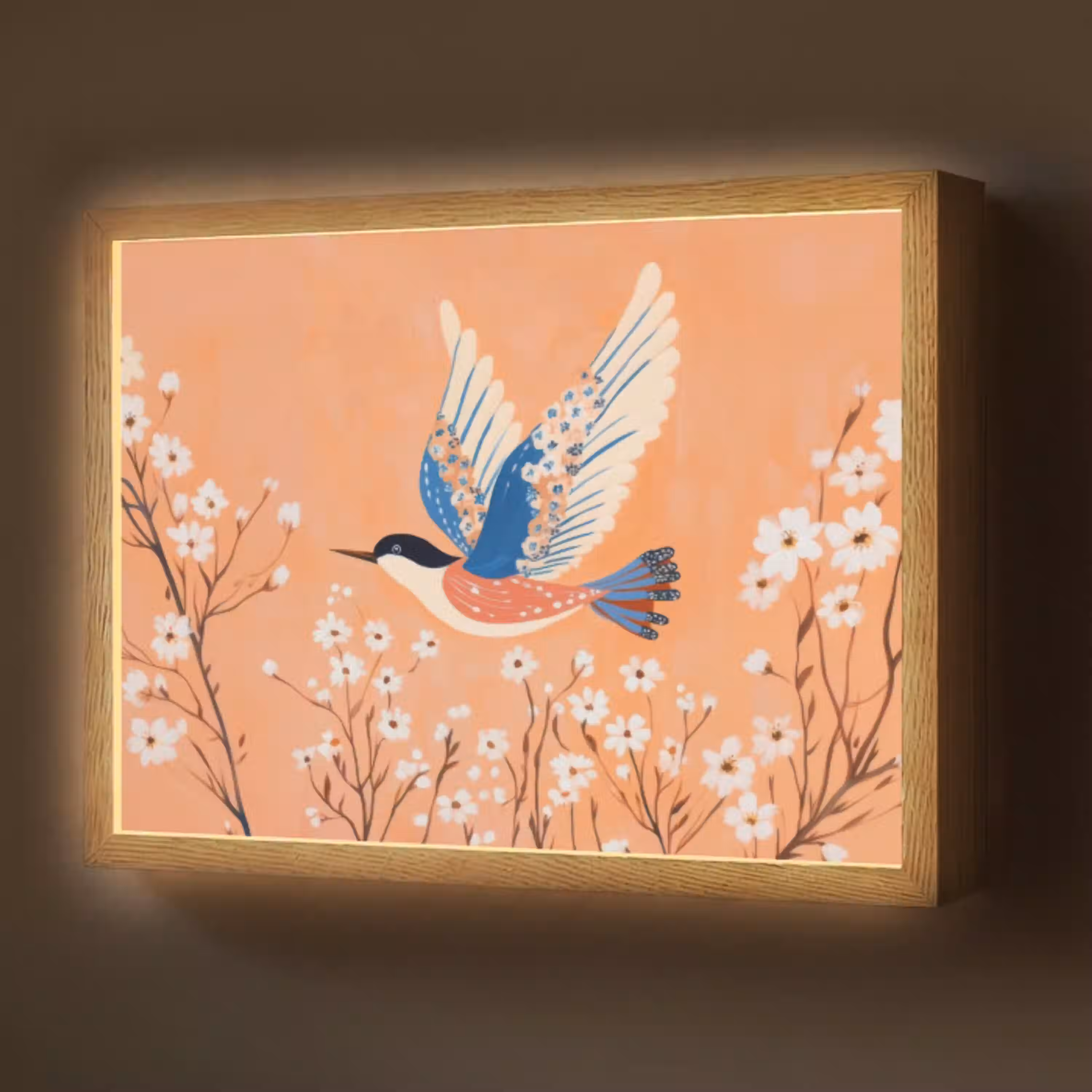 Vogel - Bloesemtakken - Warm - Kleurrijk Light Box met batterij (Wandlamp) middel -z3d_website