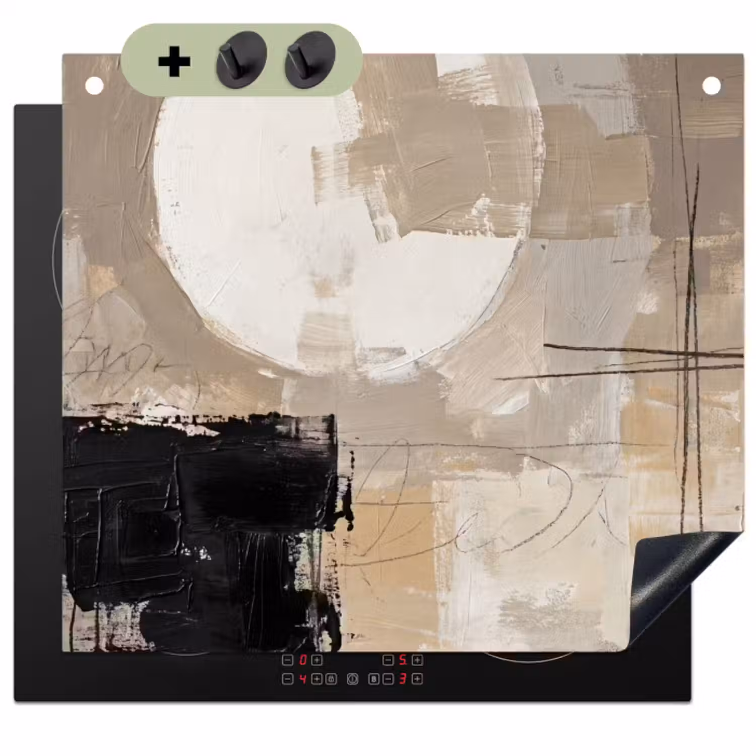 Inductie beschermer en spatscherm (2in1) - Abstract - Cirkel - Modern - Beige - Zwart - Minimalistisch