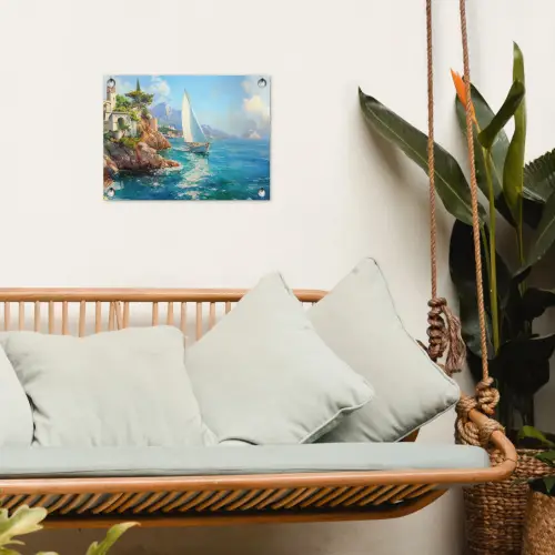 Zeilboot - Rotsen - Kust - Huizen tuinposter los doek klein -sfeer7