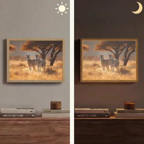 Zebra's - Savannelandschap - Gras Light Box met batterij (Wandlamp) middel -sfeer3