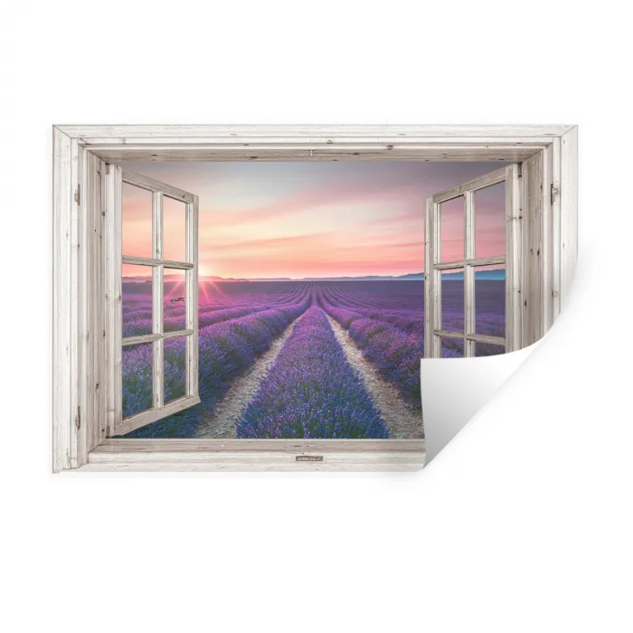 Doorkijk - Lavendel - Bloemen - Hout - Zonsondergang - Paars Muursticker klein -3d