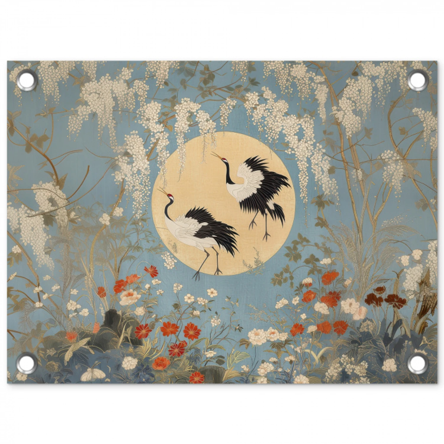 Kraanvogels - Maan - Bloemen - Blauw tuinposter los doek klein -3d