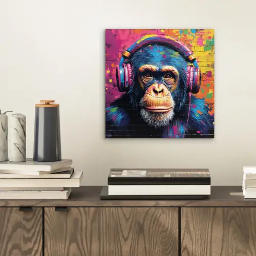 Graffiti - Chimpanzee - Street art - Koptelefoon - Aap aluminium wit klein -sfeer1