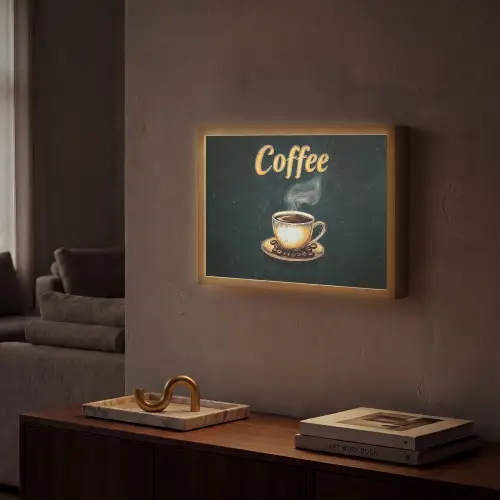 Koffie - Schotel - Koffiebonen - Retro Light Box met batterij (Wandlamp) middel -sfeer1
