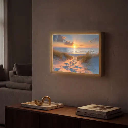 Zonsondergang - Duinen - Strand - Zee Light Box met batterij (Wandlamp) middel -sfeer1