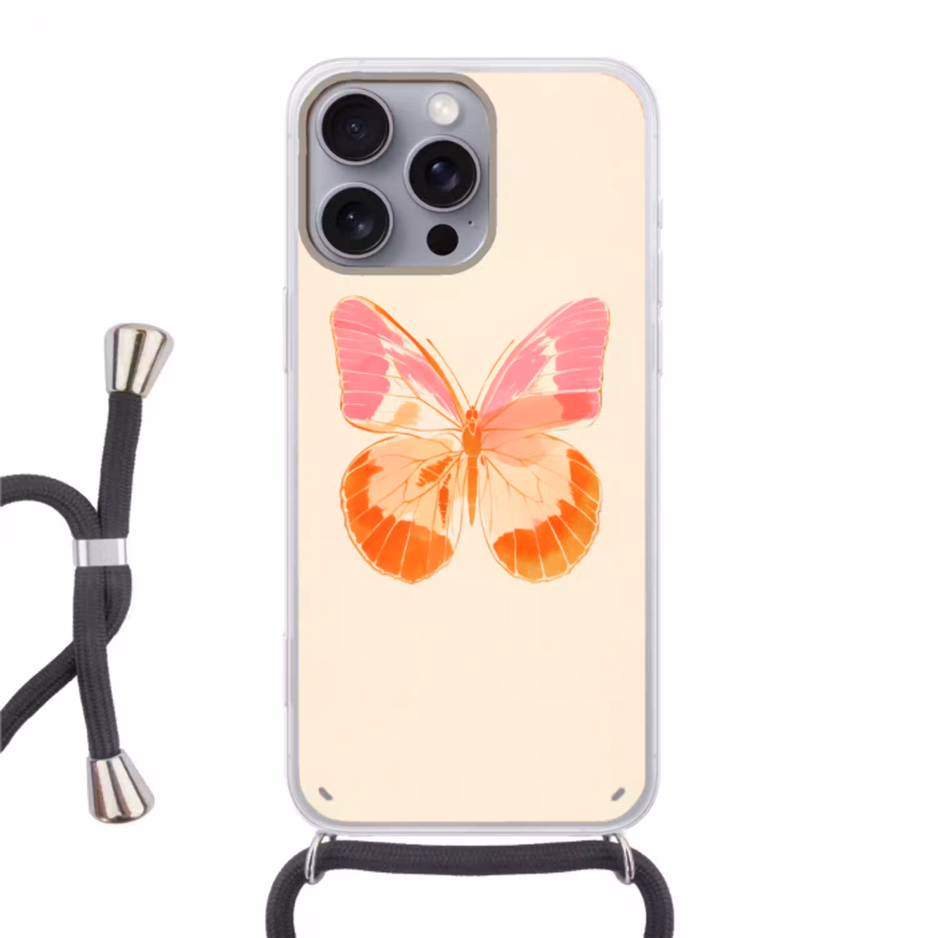 Oranje - Vlinder - Minimalistisch Hoesje iPhone 16 Pro Max met koord klein -3d