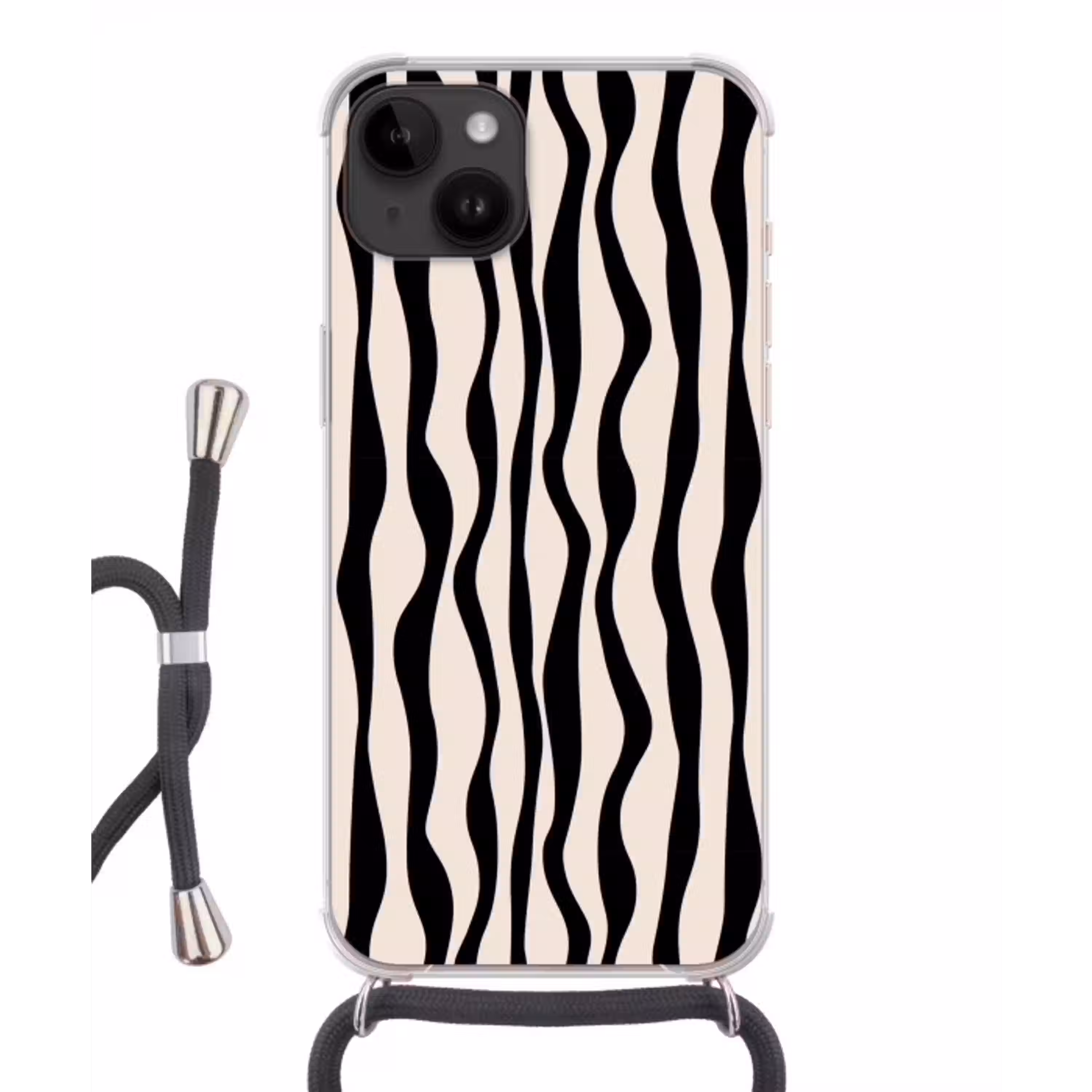 Golvende lijnen - Beige - Zwart - Abstract Crossbody Case iPhone 14 middel -3d