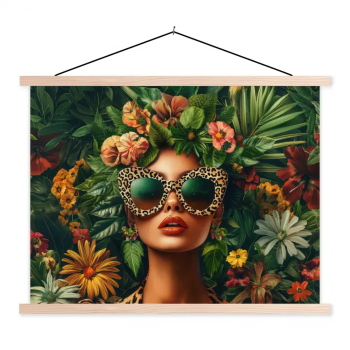 Vrouw - Panterprint - Jungle - Natuur - Luxe textielposter latten blank klein -3d